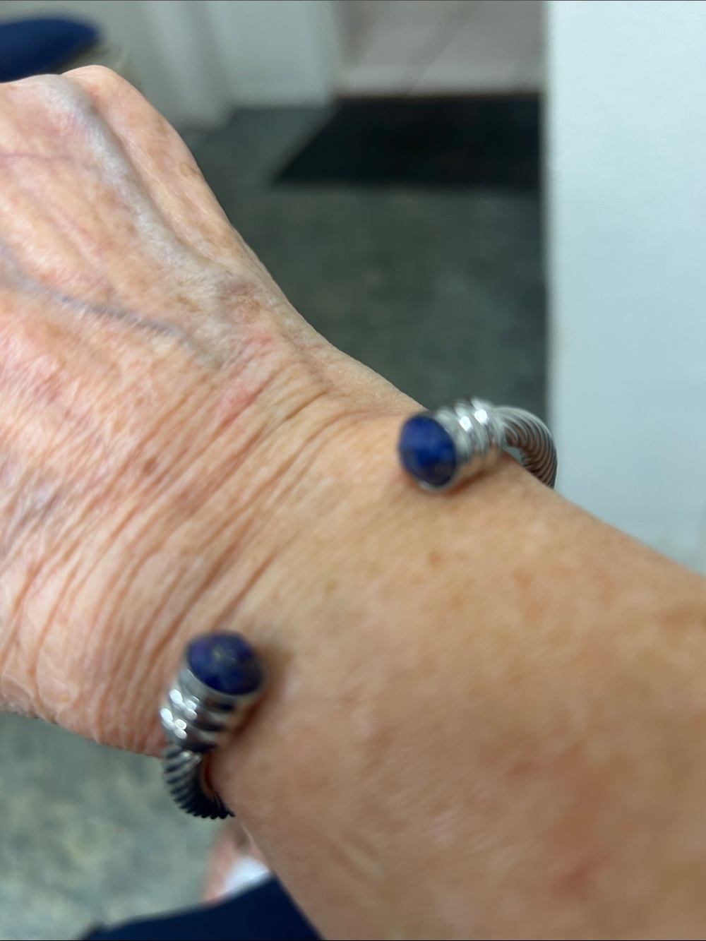 Stainless Silver tone, genuine, gemstone, Open Cuff Bracelet with Blue Lapis